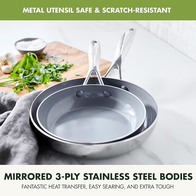 GreenPan Valencia Pro Tri-Ply Stainless Steel 8” 10” & 12” Frying Pan Skillet Set, Ceramic Nonstick PFAS-Free Coating, Multi Clad Cookware, Induction, Dishwasher Oven and Broiler Safe