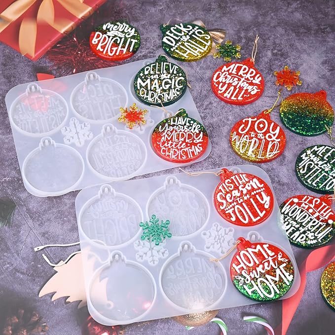 Sakolla Christmas Resin Molds 2 Pack Christmas Silicone Molds Ornaments Resin Molds Round Shape Lettered Pendant for Epoxy Resin Casting DIY Jewelry Keychain Snowflakes Crafts