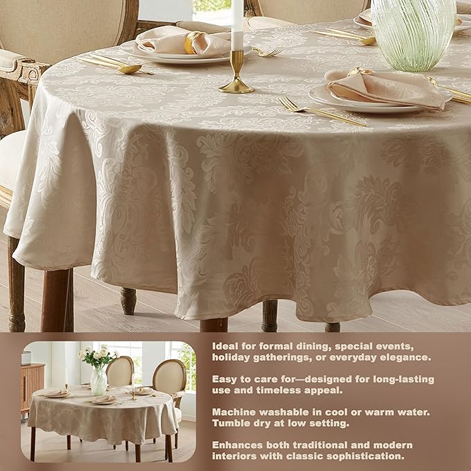 Newbridge Barcelona Luxury Damask Fabric Tablecloth, 60” Wide x 102” Oval, Golden Beige, 100% Polyester, No Iron, Soil Resistant Dining Room, Party and Banquet Table Cover