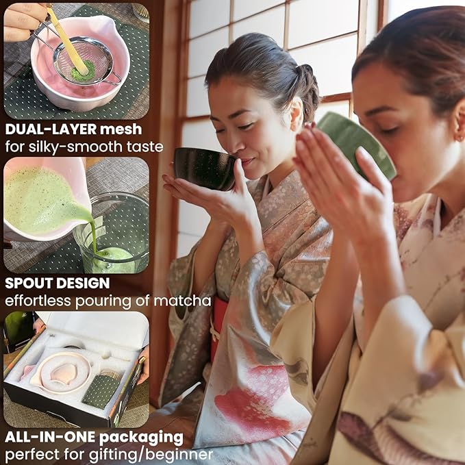 Matcha Whisk Set Incl. Ceramic Bowl With Spout, Whisk (Chasen), Stand, Bamboo Scoop, Sifter, Electric Frother, Tea Towel etc. 9 Pcs Matcha Making Starter Kit, White&Pink