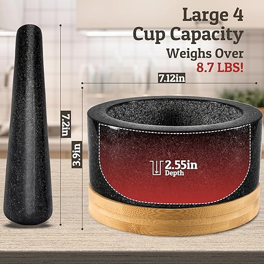 PriorityChef Heavy Duty Mortar and Pestle Set with Bamboo Base, 100% Natural Granite Stone Grinder, Guacamole Bowl and Masher, 4 Cups, Black