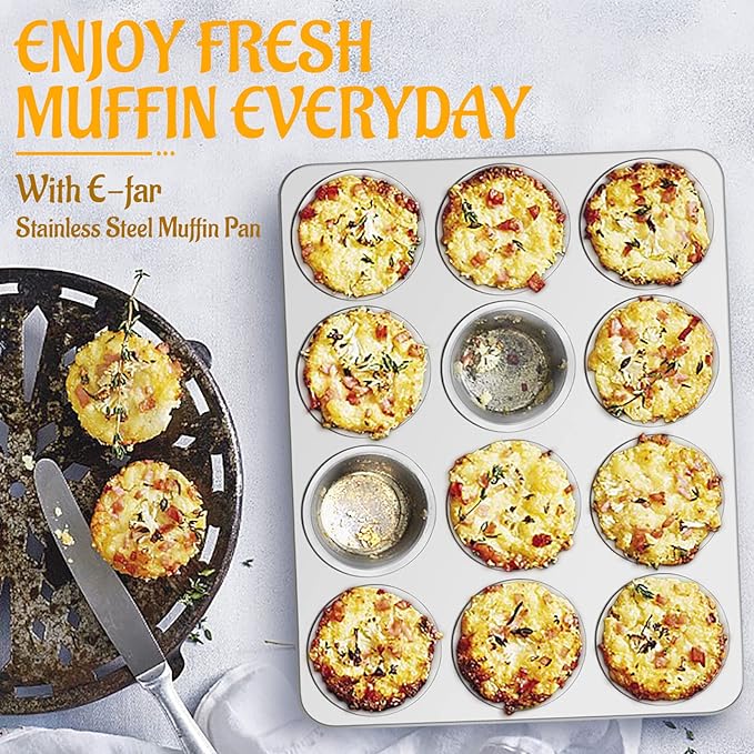 E-far Muffin Pan 12-Cup, Stainless Steel Cupcake Pan Metal Muffin Baking Tins for Oven, Regular Size & Easy Clean, Non-toxic & Dishwasher Safe