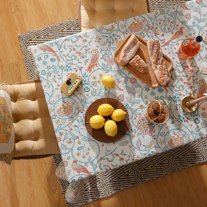 patdrea Designer Vintage French Extra Long Rectangular Tablecloth,Floral Birds Pattern Linen Table Cloth,Decorative Cover for Kitchen Dining Banquet,Christmas,Thanksgiving,67"x118"-Magnolia