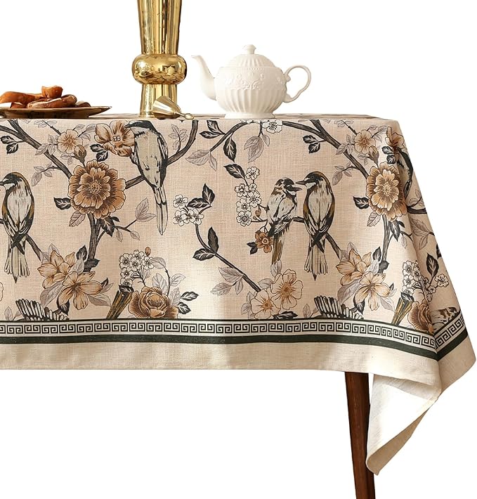 ISAENNE Designer Vintage Linen Square Table Cloth,Floral and Bird Pattern Elegant Tablecloths,Fall Wrinkle Resistant Home Decor Tablecloth for Dining Kitchen Party Christmas,67"*67"-Murad A