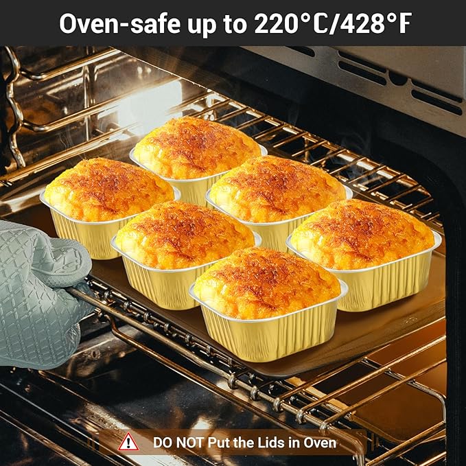 EUSOAR Baking Cups with Lids, 10oz 100pcs Gold Aluminum Foil Oven Loaf Pan Disposable Ramekins Liners for Pie Quiche Flan Soufflé Creme Brulee, Cake Pan Custard Cups Set for Dinner Wedding Banquets