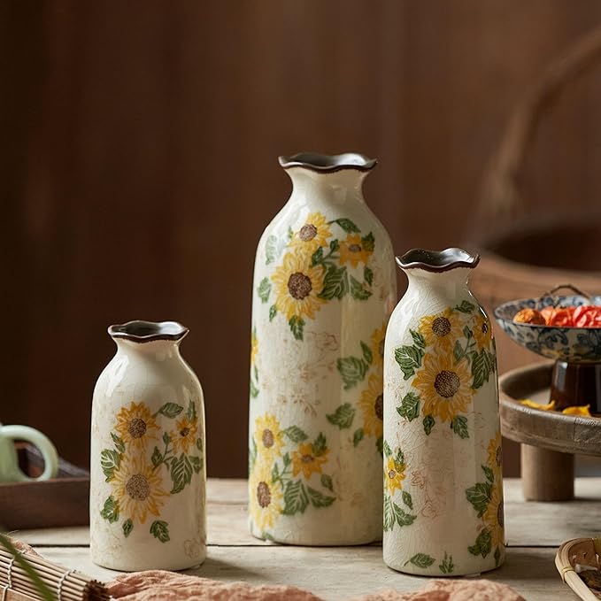 Autumn Ceramic Vase Set of 3, Farmhouse Decor Home Ceramic Vases for Your Kitchen Bedroom Living Room Bathroom & Shelf Centerpiece Table Decorations (H 9.5" + H7.7 + H5.9)