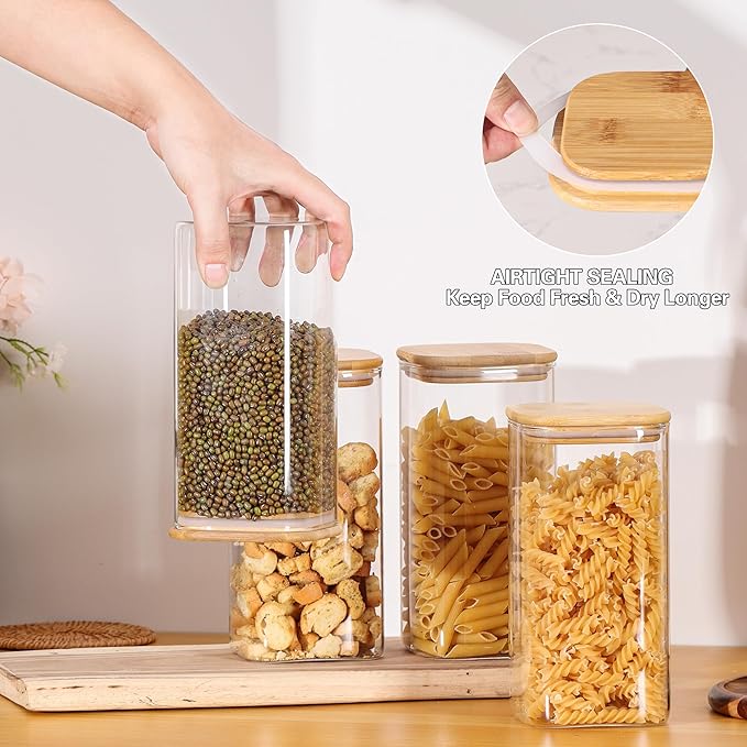 Glass Storage Containers with Lids, Glass Jars with Bamboo Lids, Large Food Storage Jar, Sugar, Pantry Storage Container for Pasta Rice Flour Oats Nuts Tea Spice (Square 54oz 4pack)