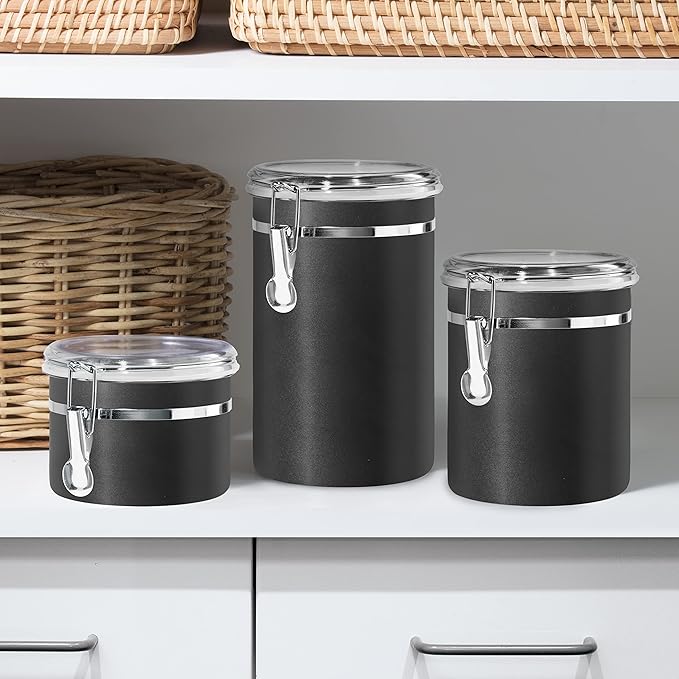 Oggi Stainless Steel Kitchen Canister 36 fl oz, Black - Airtight Clamp Lid, Clear See-Thru Top - Ideal for Kitchen Storage, Food Storage, Pantry Storage. Size 5" x 4.75".