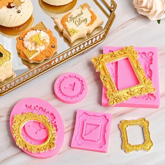 JOERSH 4PCS Baroque Frame Mold, Picture Photo Frames and Corners Silicone Fondant Mold for Cake Decorating, Cupcake Topper, Chocolate, Candy, Sugarcraft, Dessert Decor