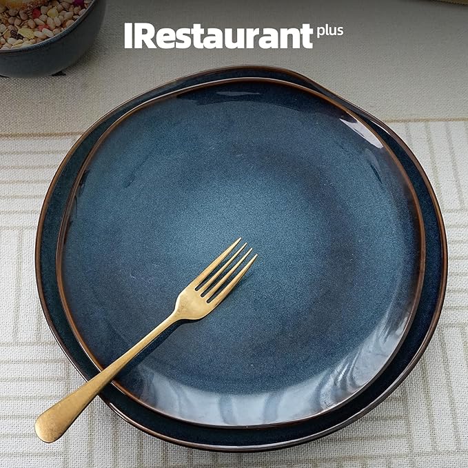 Organic Shape Restaurant Dinner Plates 10.5", Commerical Grade Catering Stoneware Plates in Ir-regular Organic Shape, Chip & Scratch Resistant, Glossy Reactive Glaze Blue, Case of 12