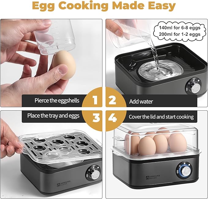 Annie & Mia Design Electric Egg Cooker, Stainless Steel 8 Egg Capacity egg boiler, 500W, Hard, Medium, Soft Boiled Egg Poacher, egg steamer, Multi-function, Knob Auto Shut-Off Function (Black)