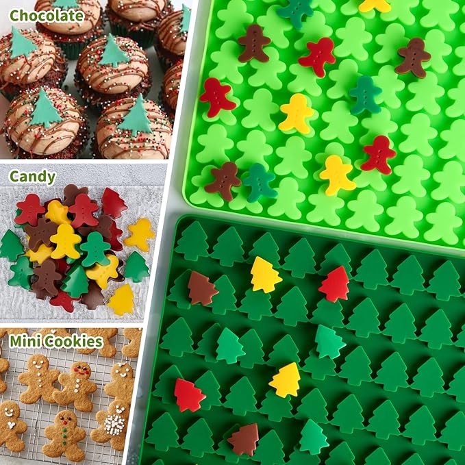 JOERSH Christmas Chocolate Silicone Molds, 2PCS Mini Christmas Tree and Gingerbread Man Shaped Candy Mold Non Stick for Fondant, Gummy, Jello, Dessert Cake Decorating