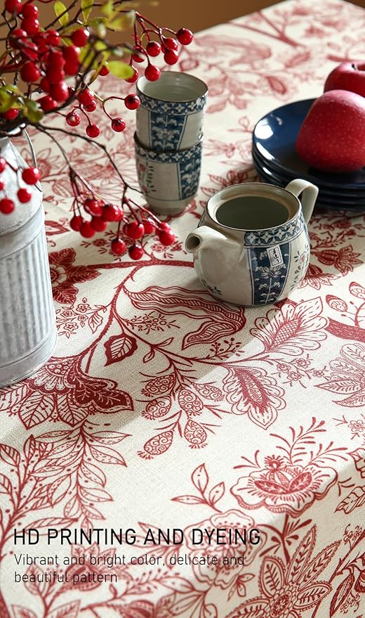 ISAENNE Designer French Linen Table Cloth for Rectangle Table,Red Floral Washable Indoor Tablecloth,Durable Home Decor Tablecloths for Dining Thanksgiving Kitchen Party Christmas,55"*79"-Ruyi A