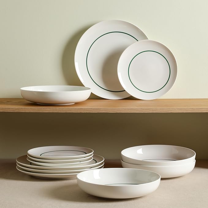 Stone Lain Luna 24-Piece Porcelain Dinnerware Set, Plates and Bowls Set, Dish Set for 8, Green