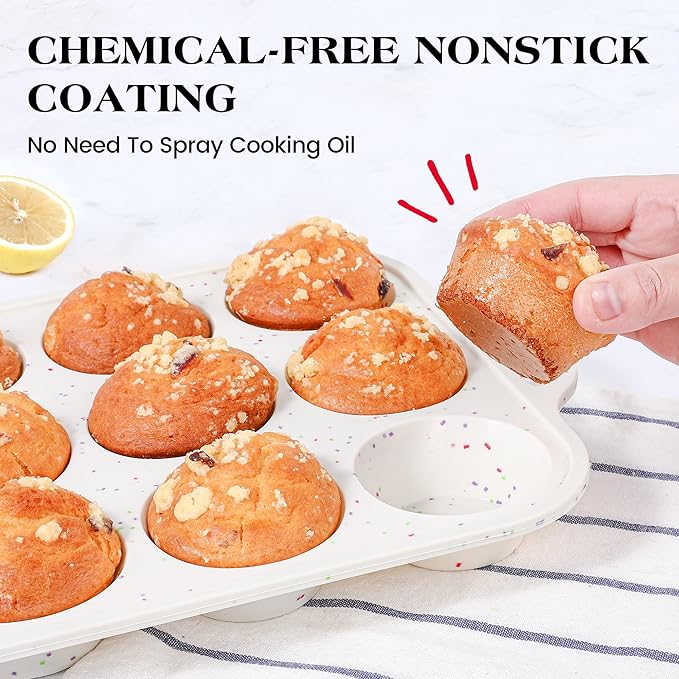 Regular 12 Cup and Mini 24 Cup Nonstick Cupcake Pan Set Silicone Muffin Pan for Baking Silicone Cupcake Mold with Metal Reinforced Frame BPA Free (2 Pcs, Cream)