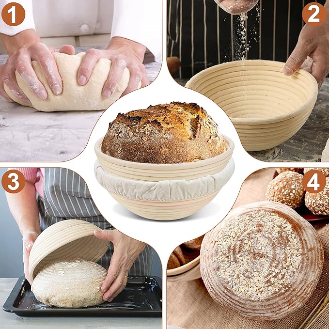 Banneton Bread Proofing Basket: 2 Pcs 8.5-inch Round Rattan Bread Bowls with Liners for Artisan Sourdough Bread Making for Home Bakers and Professionals