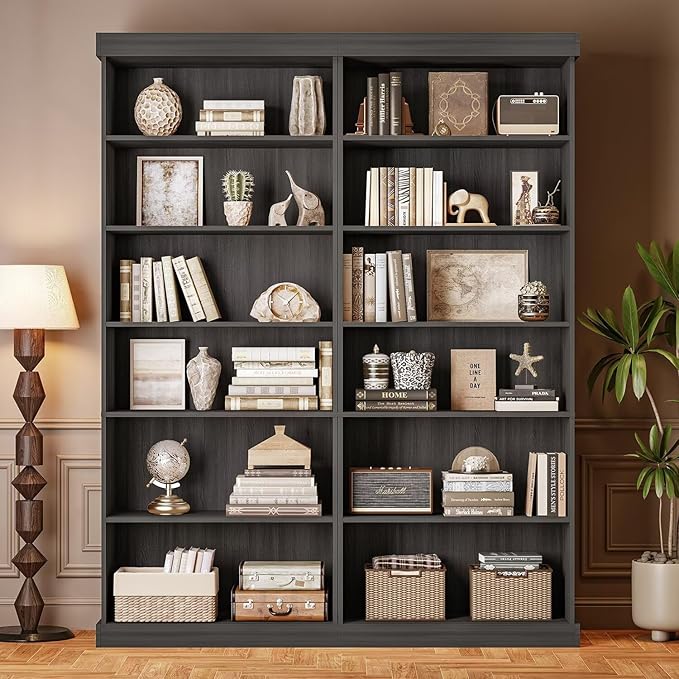 70.8" Tall Black Bookshelf, Farmhouse Modular Bookcase with 6-Tier Adjustable Shelves, Large Storage Cabinet for Home Office, Living Room, Set of 4