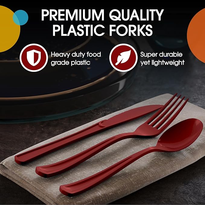 Party Solids Burgundy Plastic Silverware Heavy Duty 150 Pieces Burgundy Plastic Cutlery Sets, Utensil Sets, 50 Of Each Forks, Knives & Spoons Disposable Cutlery Set, Flatware Set For Party Supplies