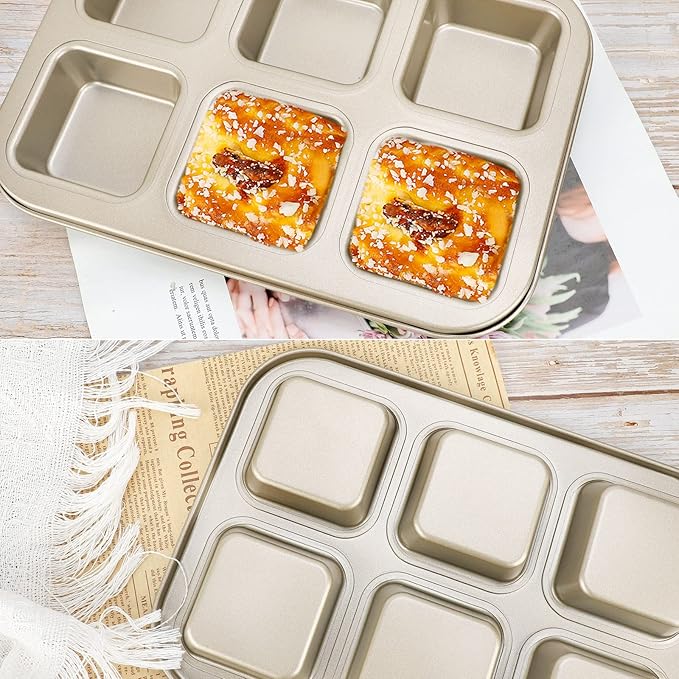 Beasea Mini Brownie Pan, 2 Pack 6 Cavity Gold Square Inidividual Brownie Muffin Cake Cutter Pan Mini Cheesecake Cupcake Bakeware Carbon Steel Brownie Baking Tray Bakeware for Oven Baking