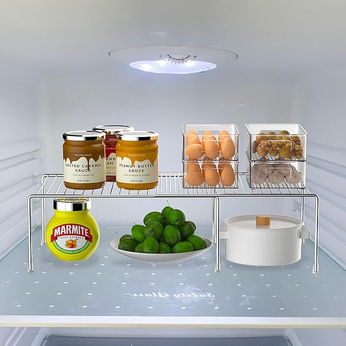 iPEGTOP Expandable Kitchen Cupboard Organiser, 2-Piece Adjustable Freezer Cabinet Storage Wire Shelf Rack Rustproof Metal Shelves Space Saver for Countertop Pantry Drawer Utensils