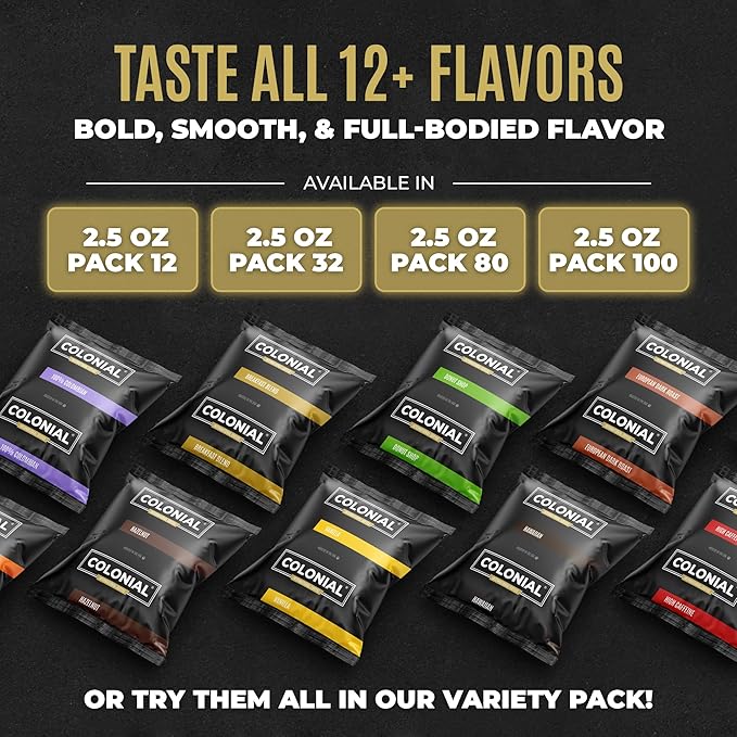 Colonial Coffee 32 Count Single Pot Coffee Packets – 100% Arabica Decaf Colombian Medium Roast | Pre-Measured Frac Packs for 12 Cup Maker | Bulk Ground Gourmet Coffee for Home & Office