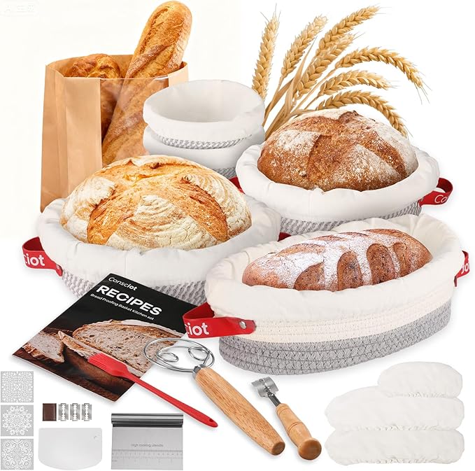 Sourdough Starter Kit Mixed Sizes, Consciot Cotton Rope Bread Proofing Basket Set, Sourdough Bread Baking Supplies, Round & Oval Bread Baskets With Liners & Covers, Gift for Bakers Women Kids Family