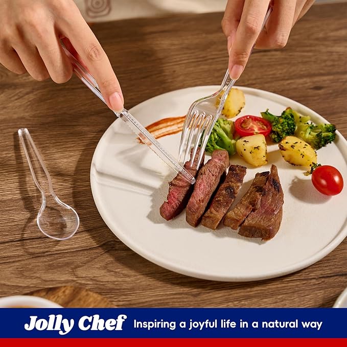 JOLLY CHEF 300 Count Clear Plastic Silverware, 100 Forks, 100 Spoons, 100 Knives, Heavy Duty Disposable Plastic Cutlery Set, Plasticware Bulk, Premium Clear Utensils for Party, Thanksgiving