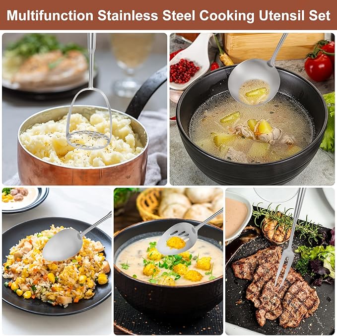 18/10 Stainless Steel Cooking Utensils Set, 10PCS Metal Kitchen Utensils Set for Wok,Kitchen Tools Set Come with Spoon, Fork, Spatula, Ladle, Skimmer, Turner, Pasta Server