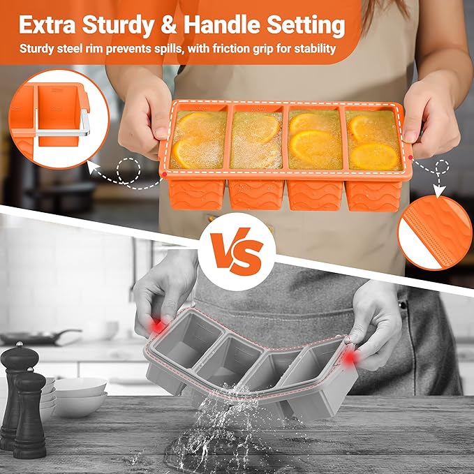 Silicone Freezer Molds for Soup with Lid, 1-Cup & 2-Cup Large Ice Cube Trays Food Storage Containers for Meal Prep, Freeze 250mL/125mL Portions – 2 Pack