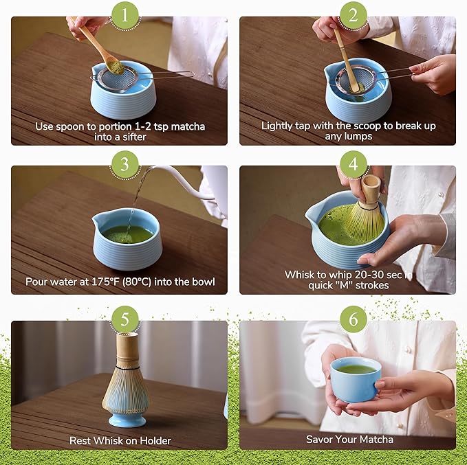 HELPLX Matcha Whisk Set 10-Piece Japanese Matcha Kit with BowlWhisk & Holder2 Tea CupsBamboo ScoopSpoonSifterScoop Rest & Tea Towel – Blue Matcha Tea Set for Ceremony or Daily Use