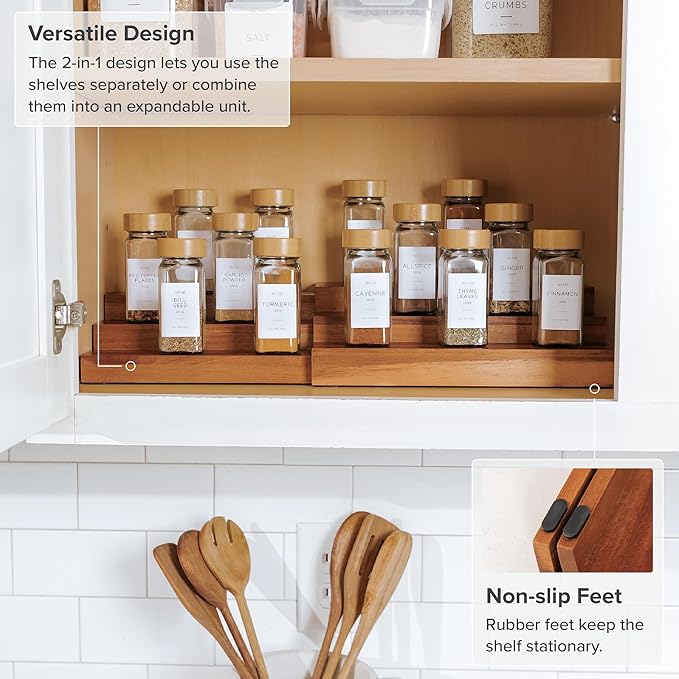 KitchenEdge Expandable Spice Rack Organizer for Cabinet, 3-Tier Shelf for Spice Organization (11” to 22”), Fits 36 Spice Jars, Seasoning and Pantry Storage, Non-Slip Feet, 100% Acacia Wood