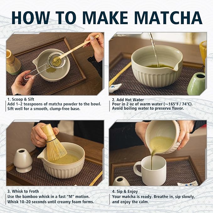 Matcha Whisk Set, Japanese Tea Ceremony Kit, 18oz Spout Bowl, Bamboo Whisk Scoop, Ceramic Holder Sifter Towel,7 pcs Matcha Tea Kit for Matcha Lovers, Christmas, Birthday Gift(White)