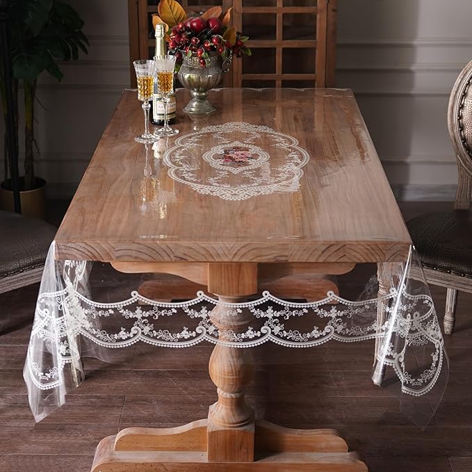 Clear Table Cover Protector Plastic Vinyl Table Cloth with White Lace Pattern Oil Spill Proof Plastic Tablecloths for Dining Tables Parties Holidays (French Lace, 60 x 120 Inches)