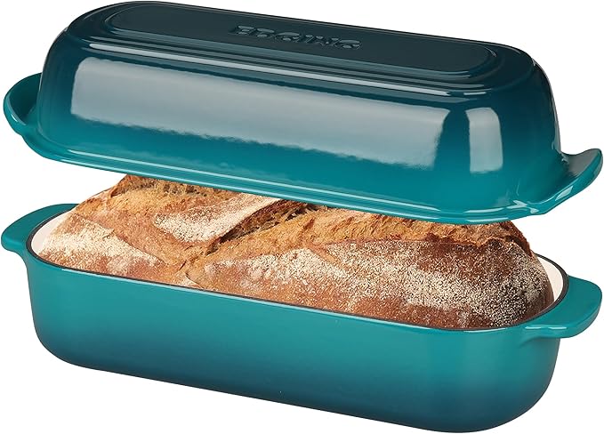 Enameled Cast Iron Loaf Pan with Lid, Dutch Oven Bread pan for Homemade Sourdough Bread Baking, 12.5x5.5 inch, 5qt, Darkcyan