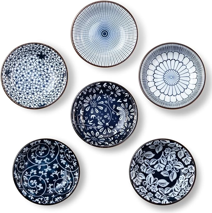 Dipping Bowls, Soy Sauce Dish Ceramic, 3 OZ Small Serving Bowls for Side Dishes Vintage Blue Stylish Design, Set of 6 Mini Appetizer Plates for Condiment Sushi Ketchup BBQ Party, 4 Inch
