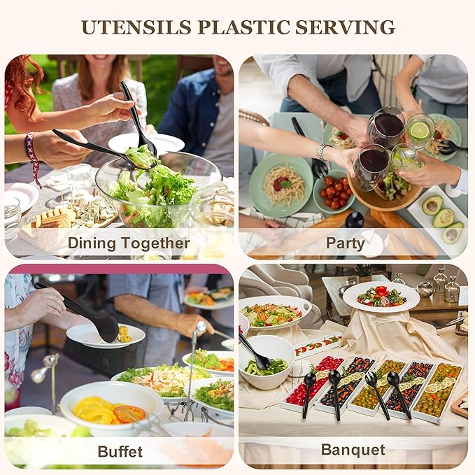 Mwellewm 32Pcs Serving Spoons 10'' Large Plastic Serving Utensils Set Slotted Disposable Serving Forks Heavy Duty Black Party Supplies for Buffet Restaurant Dinner Salad Noodles Soup