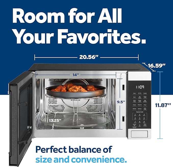 GE GCST10A1WSS 4-in-1 Microwave Oven, 1,050 Watts Air Fryer, Broiler & Convection Mode, Child-Lock Technology, Kitchen Essentials for The Countertop or Dorm Room, 1.0 Cu. Ft, Stainless Steel