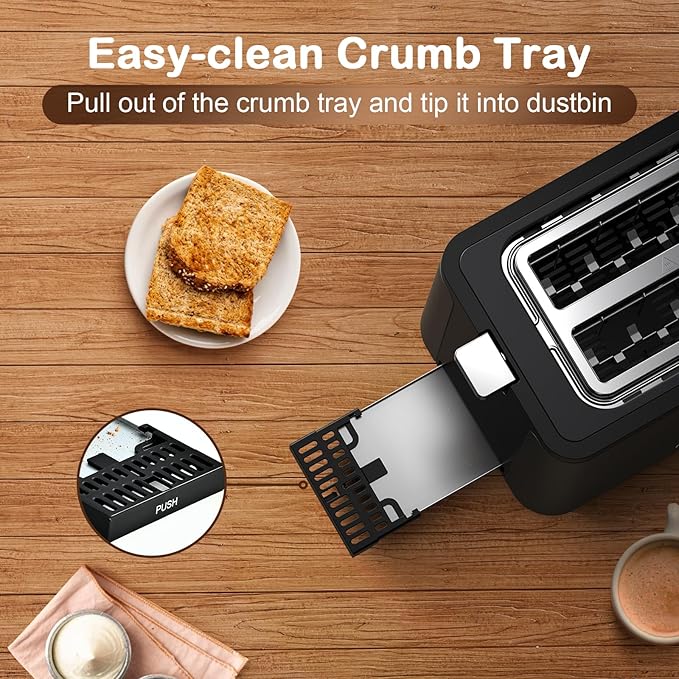 Mecity Toaster 2 Slice Stainless Steel Body, Timer, Bagel, Defrost, Reheat, Cancel Functions, Warming Rack, Removable Tray, 6 Browning Settings, Extra Wide Slots, Bread Toaster, 120V 800W Black
