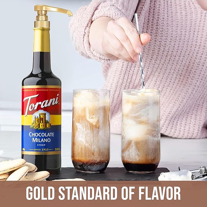 Jimoco® Syrup Pump Dispenser + Torani® Chocolate Milano Syrup, 25.4 oz - Coffee Syrup Pump & Flavoring Bundle
