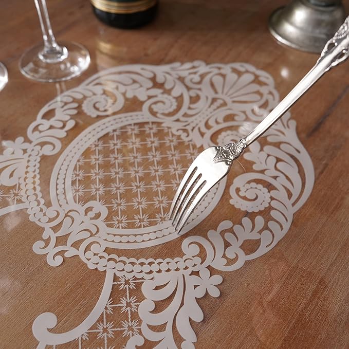 Rectangle Waterproof Clear Table Cover Protector Vinyl Table Cloth Oil Spill Proof Wipe Clean Lace Plastic Tablecloths for Dining Tables (White, 52 x 70 Inches)