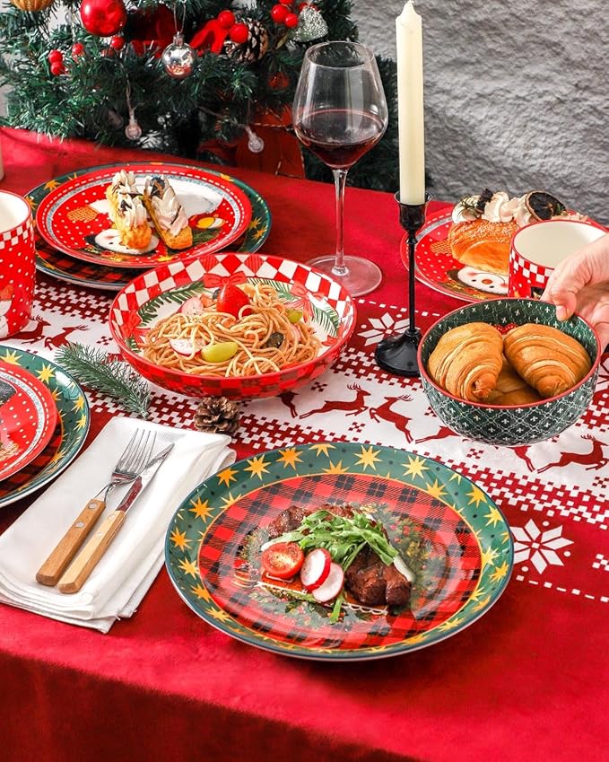Hasense Christmas Dinnerware Set of 4, Ceramic Plates and Bowls Sets with Mugs, 16 Pieces Chip & Scratch Resistant Party Serving Dishes for Holiday Gift, Microwave and Dishwasher Safe