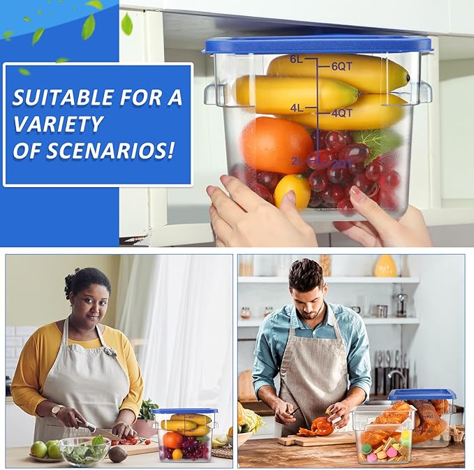 Yungyan 12 Pcs 6 Qt Commercial Food Storage Containers with blue Lids Restaurant Square Airtight Food Storage Containers Clear Cereal Container for Kitchen Freezer Dishwasher Pantry