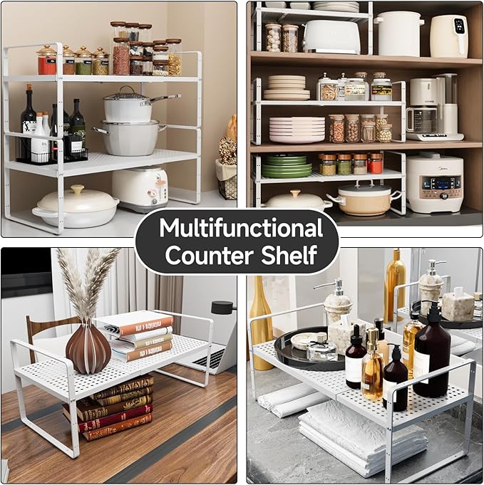 Expandable Cabinet Shelf Organizers, Stackable Metal Shelves Extender for Kitchen Countertop Storage, Adjustable Spices Shelves Rack Stand for Cupboard Pantry, White