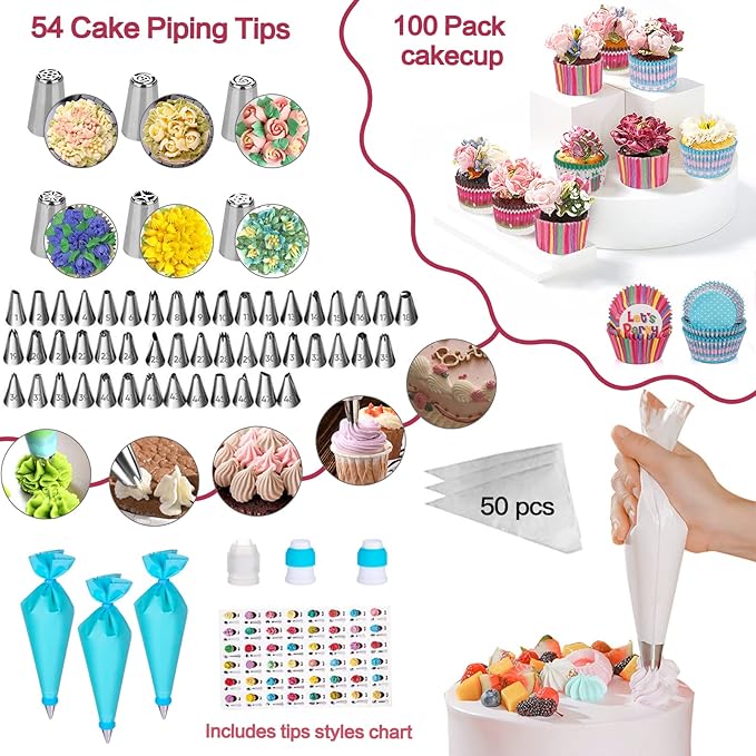 Aluminum Alloy Revolving Cake Stand & Carrier - 268PCS Kit with 54 Piping Tips, Acrylic Cake Discs, Various Spatulas