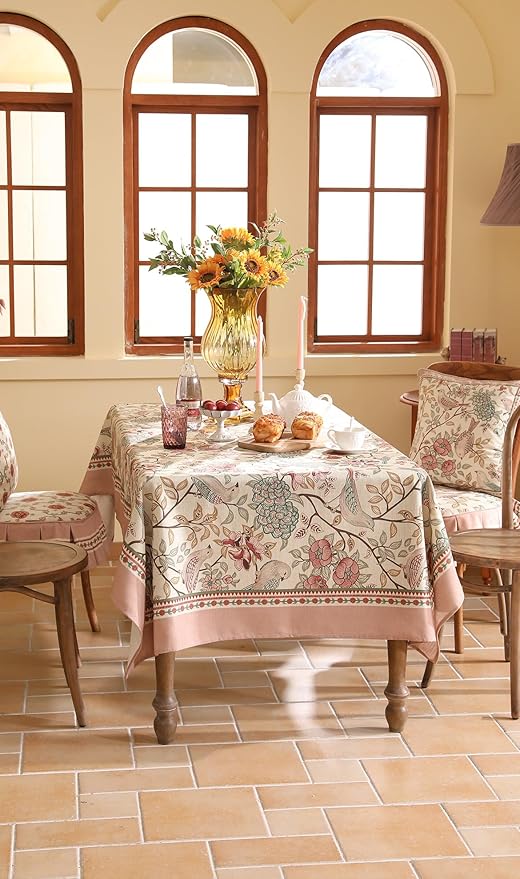 patdrea Designer Pink Linen Table Cloth for Sqaure Table,French Tablecloth with Birds Pattern,Small Colorful Decoration Cover for Kitchen Dining,Christmas,Party,Thanksgiving,67"x67"-Kulom a
