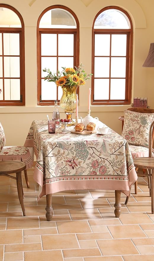 patdrea Designer Pink Linen Table Cloth for Rectangle Table,Vintage Floral with Birds Pattern Decorative Tablcloth,French Table Cover for Kitchen Dining,Thanksgiving,Christmas,55"x71"-Kulom a