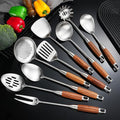 18/10 Stainless Steel Kitchen Utensils Set with Wooden Handle for Cooking 9 PCS with Solid and Slotted Spoon, Fork, Spatula, Ladle, Skimmer, Slotted Tunner, Spaghetti and Large Spoon
