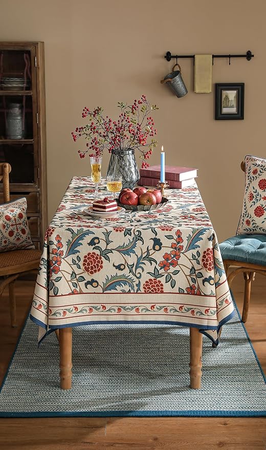patdrea Designer Vintage Linen Extra Long Tablecloth for Rectangle Table,French Soft Floral Tablecloths,Colorful Table Cover for Kitchen Dining,Parties,Christmas,Thanksgiving,Party,67"x118"-Puno