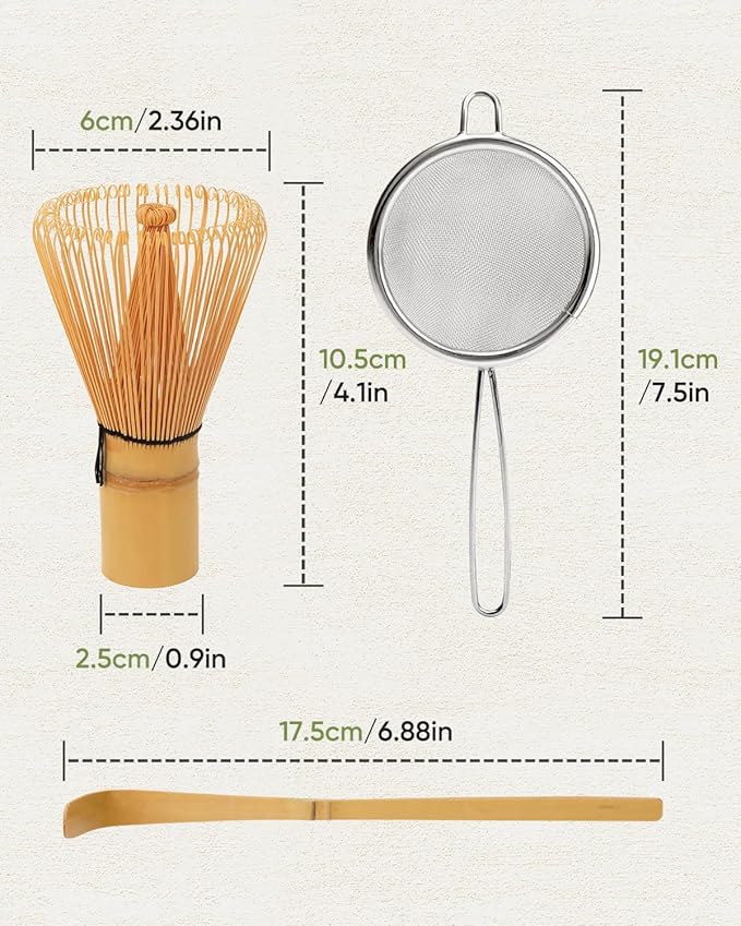 Traditional Matcha Starter Set, Bamboo Whisk (Chasen), Scoop (Chashaku), Stainless Steel Sifter, Basic Matcha Tea Making Kit
