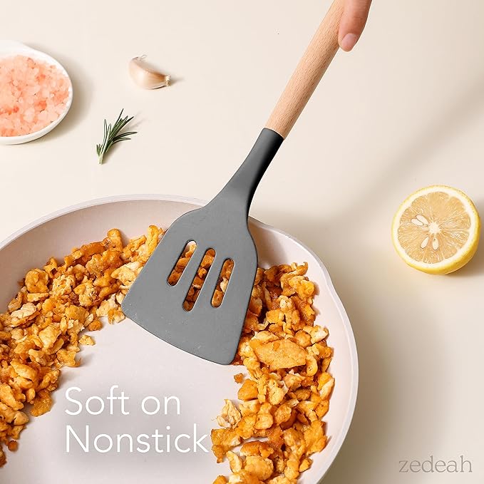 11-Piece Silicone Kitchen Utensils Set with Non Toxic Spatula, Tongs, Whisk, Turner & Ladle – Heat Resistant, Non-Scratch Cooking Tools with Wooden Handles, BPA-Free, Dishwasher Safe (Black)